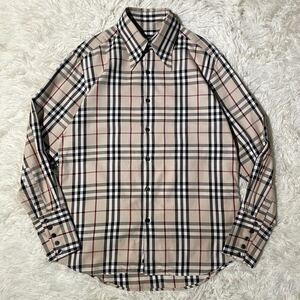 L相当/ BURBERRY BLACK LABELバーバリーブラックレーベル ノバチェック 総柄 長袖シャツ ボタンダウン コットン ベージュ メンズ サイズ3