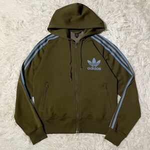 Lサイズ/adidas アディダス トラックトップ ジャージ パーカー 70s 復刻 デカ ロゴ トレフォイル フロッキープリント 万国旗タグ カーキ