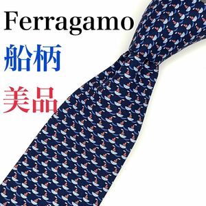 美品★【Ferragamo】フェラガモ　ネクタイ　ブランド　シルク　船柄