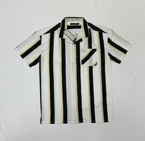 (未使用) Beno ビーノ // 長袖 ストライプ柄 ビックシルエット 開衿 ポリシャツ (白×黒×ベージュ系) サイズ M