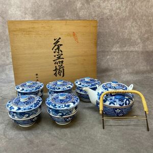 有田焼 蓋付湯呑 茶器揃 鶴松 急須1個 湯呑5客 蓋付　未使用 保管品 竹梅 花鳥図 染付