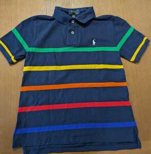 POLO RALPH LAUREN ポロ　ラルフローレン　サイズM（１０－１２）中古美品　紺色地　ストライプ　ポロシャツ