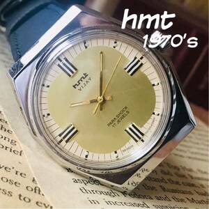 [1 jpy start ] dressing up! good-looking #HMT/ antique watch / hand winding men's wristwatch / Vintage / silver /pala shock /17 stone / gold / Gold 