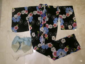  юката obi . нижняя рубашка 3 позиций комплект женский цветочный принт черный установка obi длина одежды примерно 150cm японская женская одежда M размер 