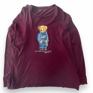 ポロ ラルフローレン Tシャツ 長袖 ワインレッド POLO Ralph Lauren 古着 メンズ FREE ポロベア ロンT 熊 アニマル クリーニング済み