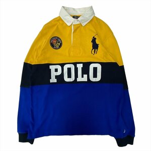 ポロ ラルフローレン ポロシャツ イエロー POLO Ralph Lauren 古着 メンズ L ラガーシャツ マルチカラー 刺繍ロゴ クリーニング済み