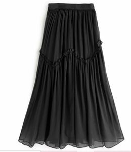 美品 ロングスカート M 黒 ブラック ティアードシアーロングスカート [ kz386 ] フレアスカート GRL グレイル フリル ウエストゴム