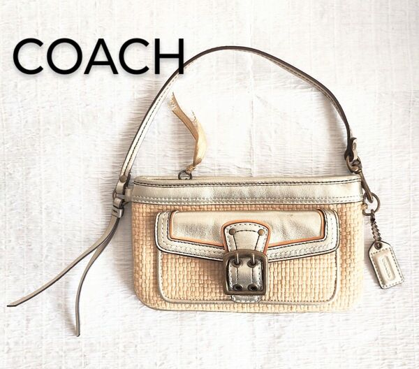 コーチ COACH 麦わら リストレット ラフィア ゴールド 本皮 ポーチ ウォレット 美品 ICケース ポシェット ストロー