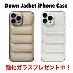 【強化ガラス付き】スマホケース iPhoneケース 透明 韓国 カバー クリア ブラック ダウンジャケット風ケース 可愛い