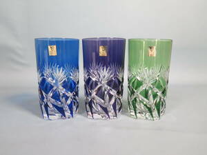 Rkagami crystal KAGAMI CRYSTAL* tumbler 3 point set cut . glass blue / purple / green gala spade * unused 