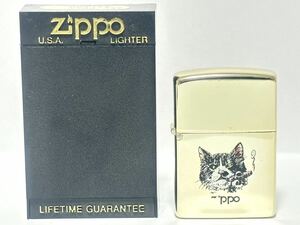 (74) ZIPPO ジッポ ジッポー オイルライター 猫 ネコ 葉巻 ケース付き ゴールド系 喫煙グッズ