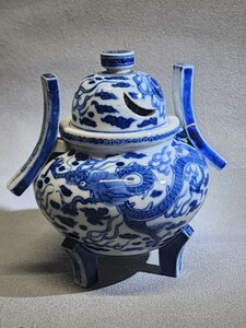 [コレクター所蔵品]古美術 明時代染付香炉 青花龍紋香炉 唐物時代物 古玩景徳鎮