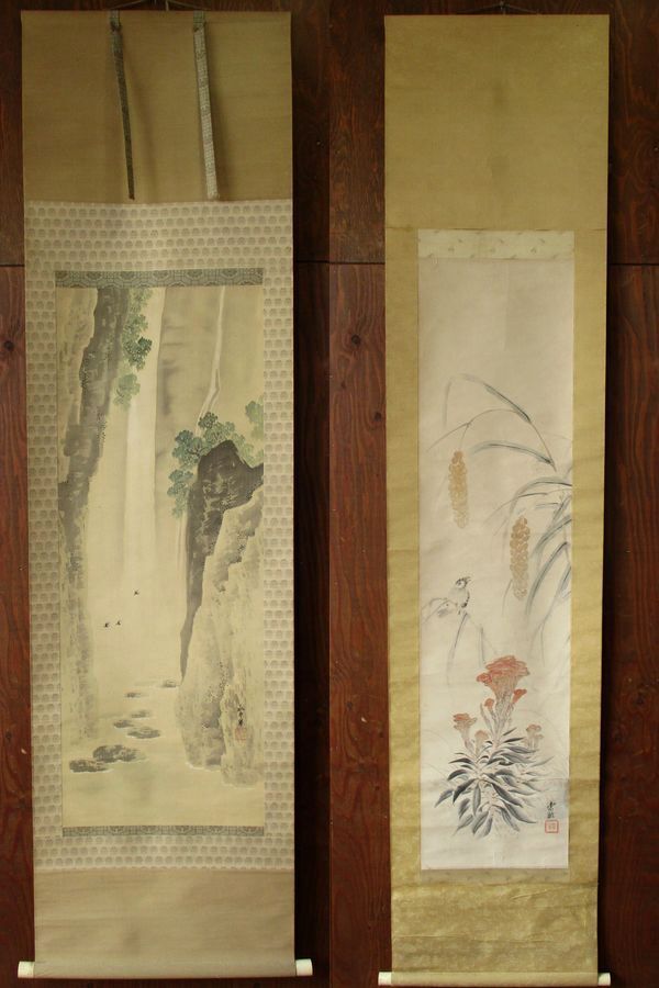 0820 Japanese painting hanging scroll 2 pieces with box / Yamada Keichu, Shaded Waterfall Painting, Hirose Toho, Yoshu, Landscape Painting, Flower and Bird Painting, Silk and Paper, Meiji and early Showa period painter's work, Painting, Japanese painting, Landscape, Wind and moon
