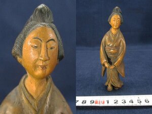 4091 木製 細密彫刻 和服 女性像 高さ約12cm/木彫 置物 飾物 東洋彫刻 古玩 着物女性