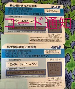 【番号通知】全日空・ANA◆株主優待券2枚◆’24/5/31まで　