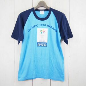 1998年長野オリンピック EPSON SEIKO 半袖プリントラグランTシャツ(M)ブルー×ネイビー/COMPOSITION SPORTS WEAR