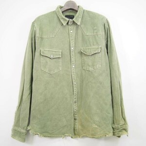 ザラマン ZARA MAN ダメージ加工カラーデニムワークシャツ*スナップボタン*カットオフ*RELAXED FIT(L)カーキグリーン