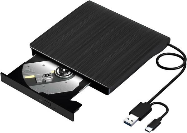 Yaeonku 外付け CD DVDドライブ DVDプレーヤー 高速USB3.0&Type-C両用ケーブル CD/DVD読み出し&書き込み 外付けDVD/CD光学ドライブ 静音