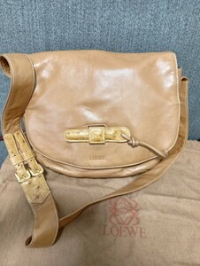 LOEWE ロエベ ショルダーバッグ オーストリッチ 茶 ベージュ ブラウン カバン Bag レザー 保存袋 メンズ レディース 肩掛け 斜め掛け 1円