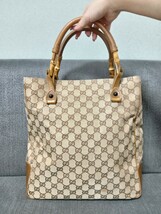 GUCCI グッチ ハンドバッグ トートバッグ ワンショルダー 肩掛け GG キャンバス ブラウン バンブー かばん Bag レディース 1円〜 総柄 竹_画像2