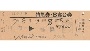 T060.『はやぶさ』B寝台券　川内⇒静岡　55.7.7　鹿児島本線：串木野駅発行