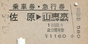 Y013.【A型一葉券】成田線　佐原⇒東京山手線内　53.5.7【2096】