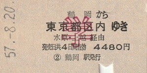 P774.羽越本線　鶴岡から東京都区内ゆき　水原・上越経由　学割常備券　57.8.20