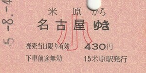 P068.東海道本線　米原から名古屋ゆき　小児常備券　55.8.4