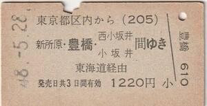 P898.東京都区内(205)から新所原・豊橋・西小坂井　小坂井　間ゆき　東海道線経由　48.5.28　東京駅発行