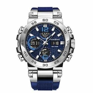 FOXBOX スポーツ デュアルウォッチ メンズ腕時計 デジタル ブルー 青 50m防水 ストップウォッチ シリコンストラップ 男性用