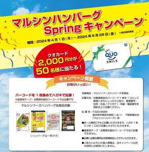 懸賞応募★４口！QUOカード2000円分が50名様に当たる！マルシンハンバーグSpringキャンペーン！応募バーコード４枚