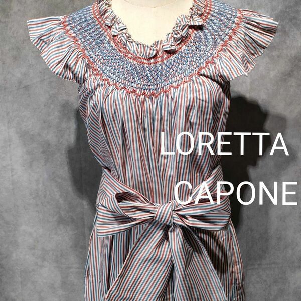 イタリア製　LORETTA CAPONI　ロングワンピース　フリル　刺繍　ノースリーブ