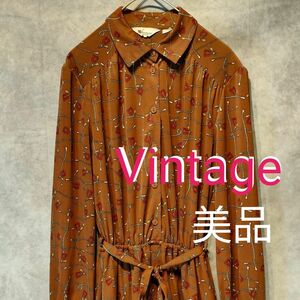 美品 Vintage 70s ワンピース シャツワンピ ヴィンテージ 昭和 レトロ 総柄 長袖 