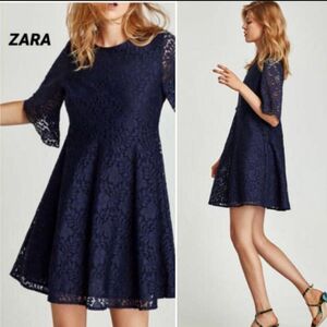 ZARA BASIC ザラ★総レース　フレアワンピース　Aライン　ベルスリーブ　結婚式　二次会　パーティー