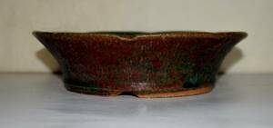 『特注品 手造り』 『古賀無量』の古い窯変辰砂の反縁丸輪花形の約20,0㌢の鉢
