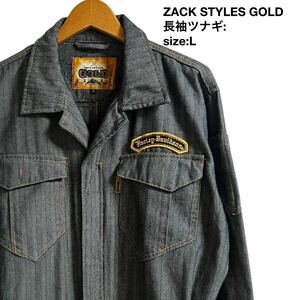 ZACK STYLES GOLD ザックスタイルズゴールド 長袖ツナギ オールインワン　デニム地　ハーレーダビッドソン刺繍　ヘリンボーン インディゴ L