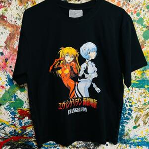 エヴァンゲリオン レトロ リプリント Tシャツ 半袖 メンズ 新品 個性的 黒 ブラック　ティーシャツ 葛城ミサト 渚カヲル 綾波レイ