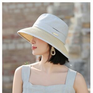 2024新品　麦わらmix帽子 ハット UVカット 紫外線対策 ライトブルー　レディース 夏 シミ 日よけ女優帽 折りたたみ 
