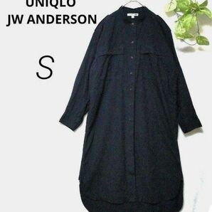 UNIQLO JW ANDERSON ユニクロ ロングシャツ ワンピース【S】ネイビー／無地／ノーカラー／カーディガン