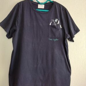 4L★ポケット付きTシャツ　猫　ネイビー　カットソー　綿100%