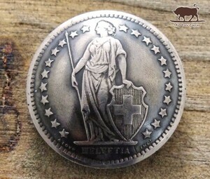 ◎コンチョ ネジ式　スイス　1/2フラン　ヘルベティア　立像　18mm　ネジ式 コイン