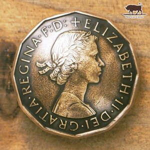 ◎コンチョ ネジ式　イギリス　3ペンス　エリザベス　女王　燻し　21.5mm　コイン　ボタン　パーツ