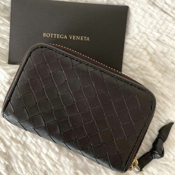 極美品☆BOTTEGA VENETA ボッテガ イントレチャート ラウンドファスナー コインケース 小銭入れ ダークブラウン 茶