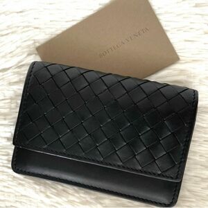 美品☆BOTTEGA VENETA ボッテガヴェネタ イントレチャート 名刺入れ カードケース ブラック 黒 レザー 編み込み