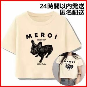 Tシャツ 半袖Tシャツ 半袖　フレブル　韓国風　3L ゆったり　大きいサイズ　アニマル　犬　ペット　ベージュ　トップス　レディース