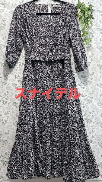 スナイデル コットン リネン カシュクール ワンピース 花柄 レア 限定品 かわいい 七分袖 総柄 ブラック ロングワンピース