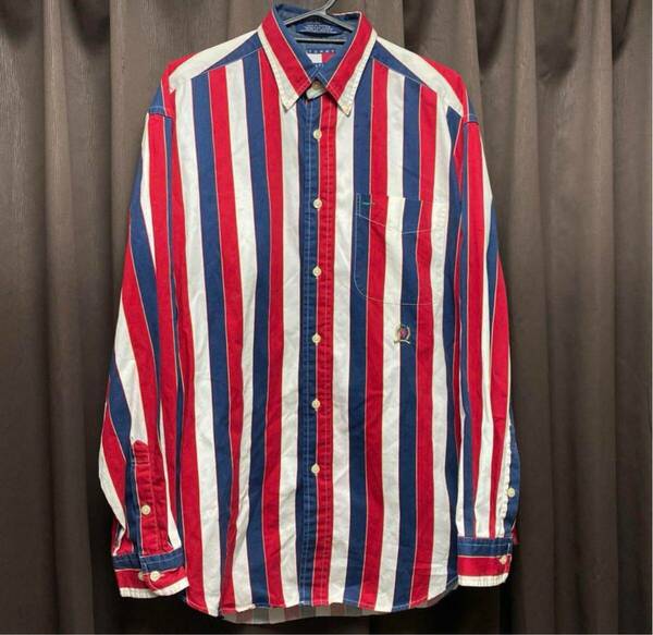 TOMMY HILFIGER 90s シャツ ストライプ M トリコロール 海外S トミーヒルフィガー ヴィンテージ vintage ボタンダウン メンズ レディース