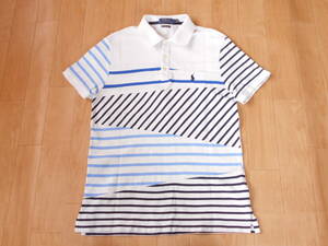 ☆POLO/ラルフローレンCUSTOM SLIM FIT　パッチワーク鹿の子半袖ポロシャツ　マリンボーダー柄 サイズM 切替クレイジーパターンストライプ