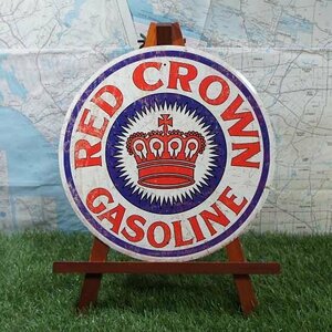新品★インテリア雑貨★【ブリキ看板】Red Crown Gasoline／レッド・クラウン　丸型