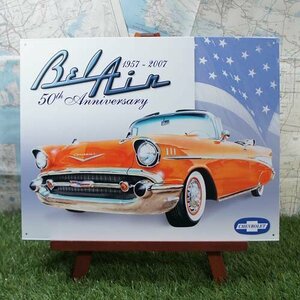 新品★インテリア雑貨★【ブリキ看板】Chevrolet Bel Air／シボレー・ベル・エアー　50th Anniversary